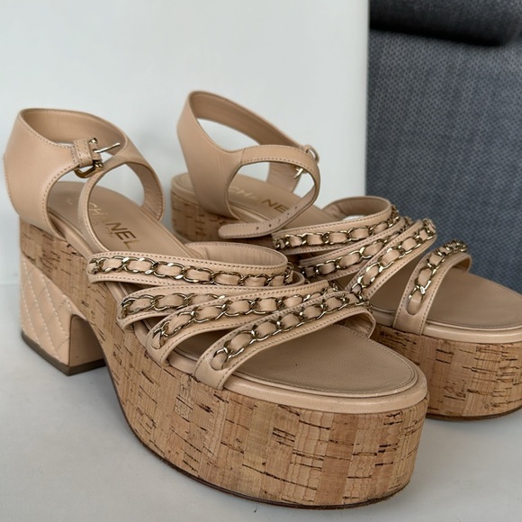 Chanel Beige Leather Chain Detail Ankle Strap Platform Sandals - Picture 3 of 6